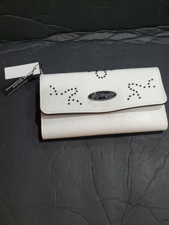Ed Hardy Handbags - Ed Hardy white skull embossed EH monogram black studded long trifold wallet